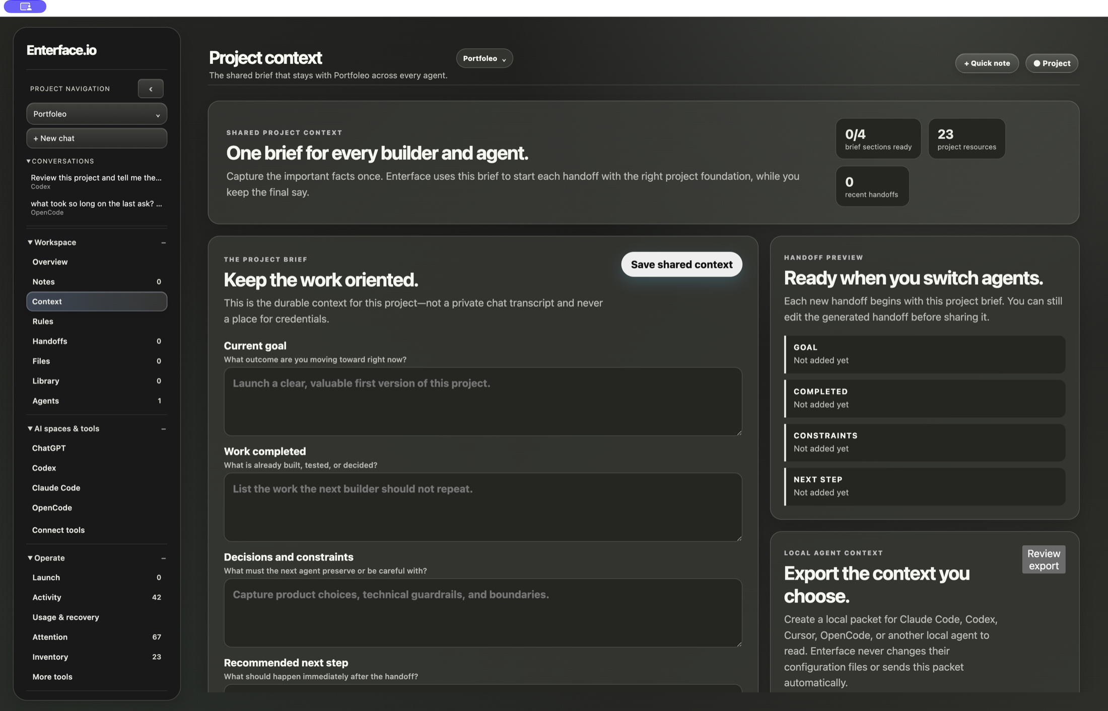 Current Enterface shared Project context and editable handoff preview.