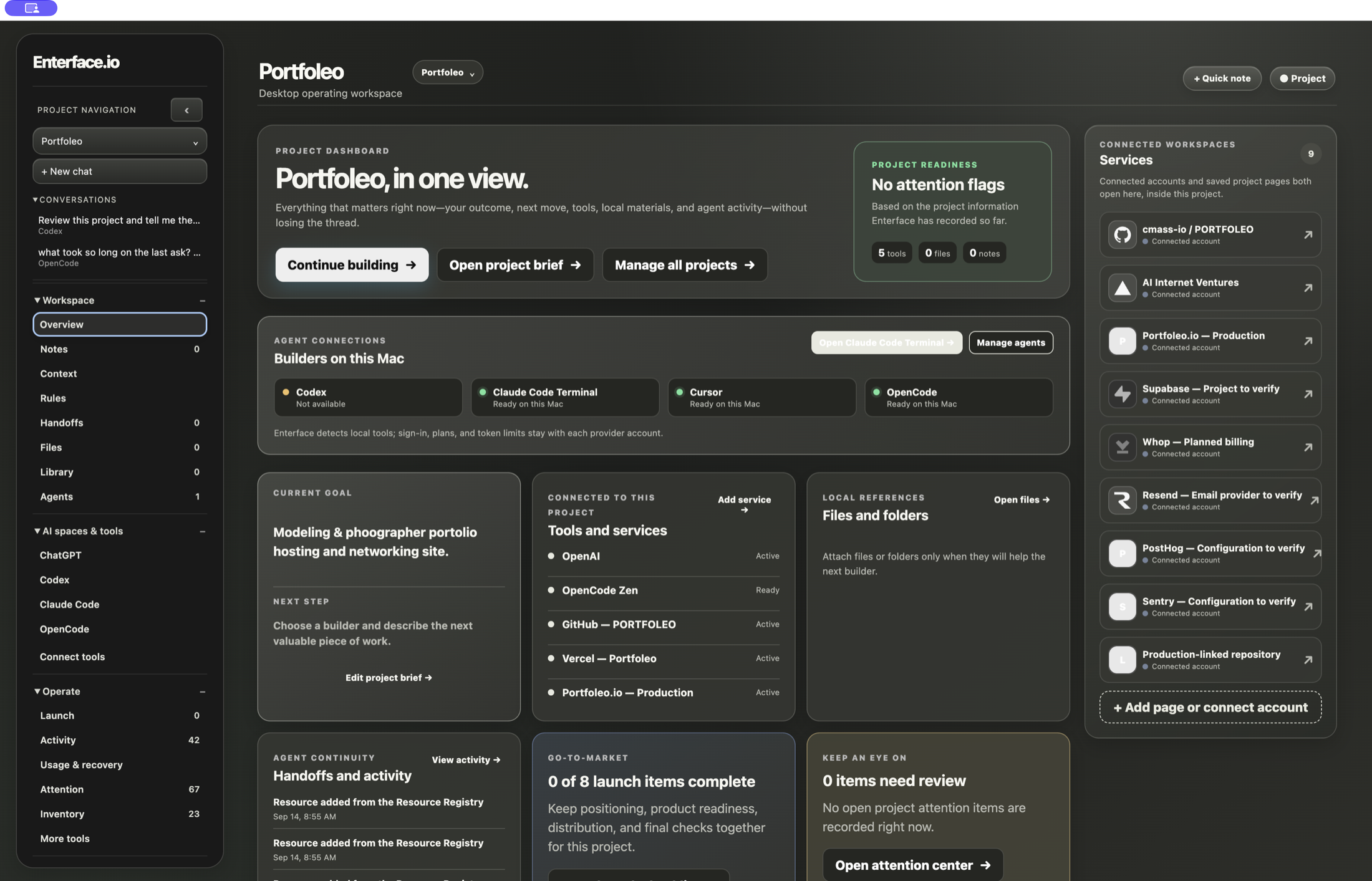 Current Enterface Project Overview and project-specific Services panel.