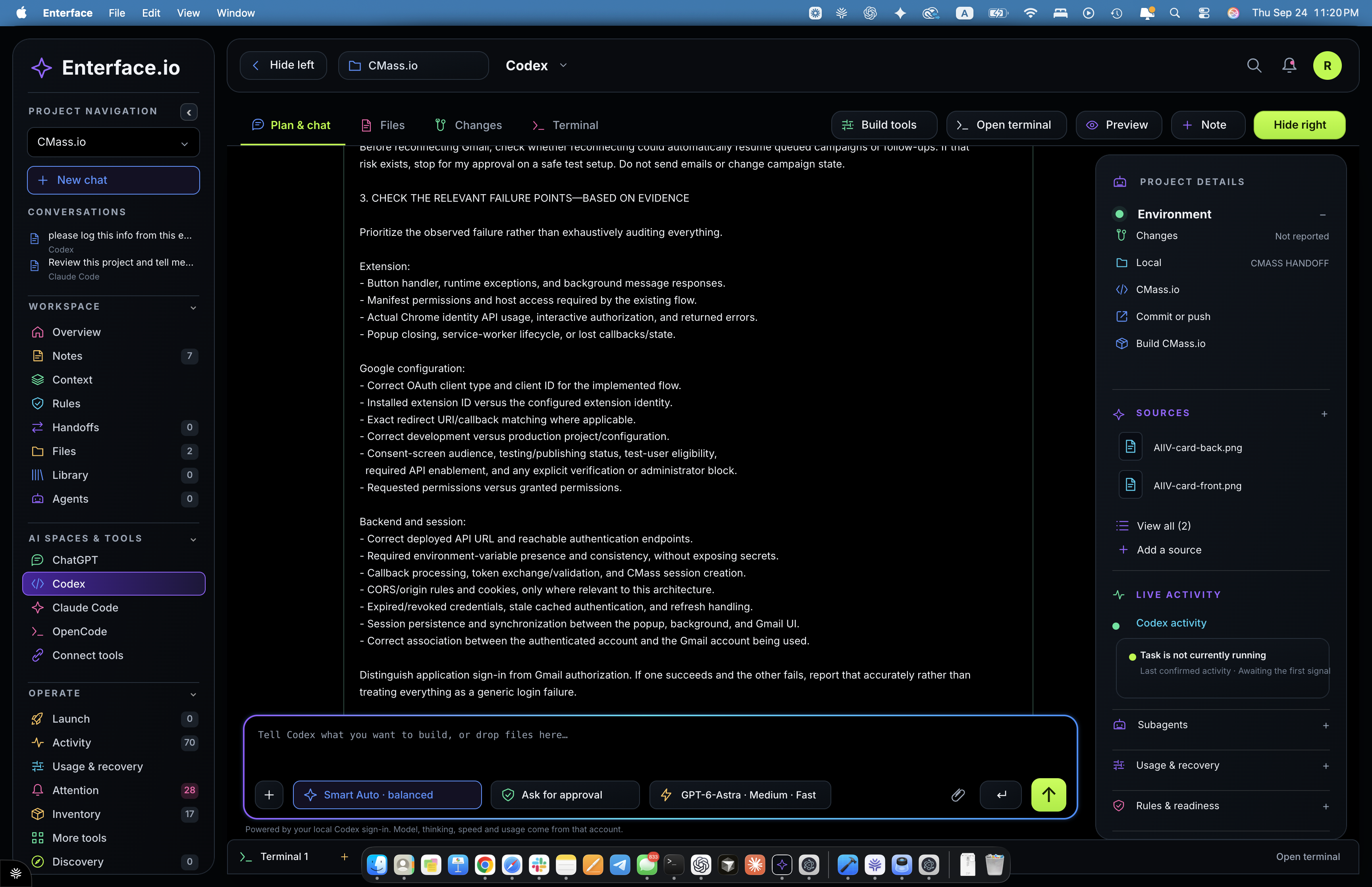 Enterface Codex build workspace with Smart Auto and project details