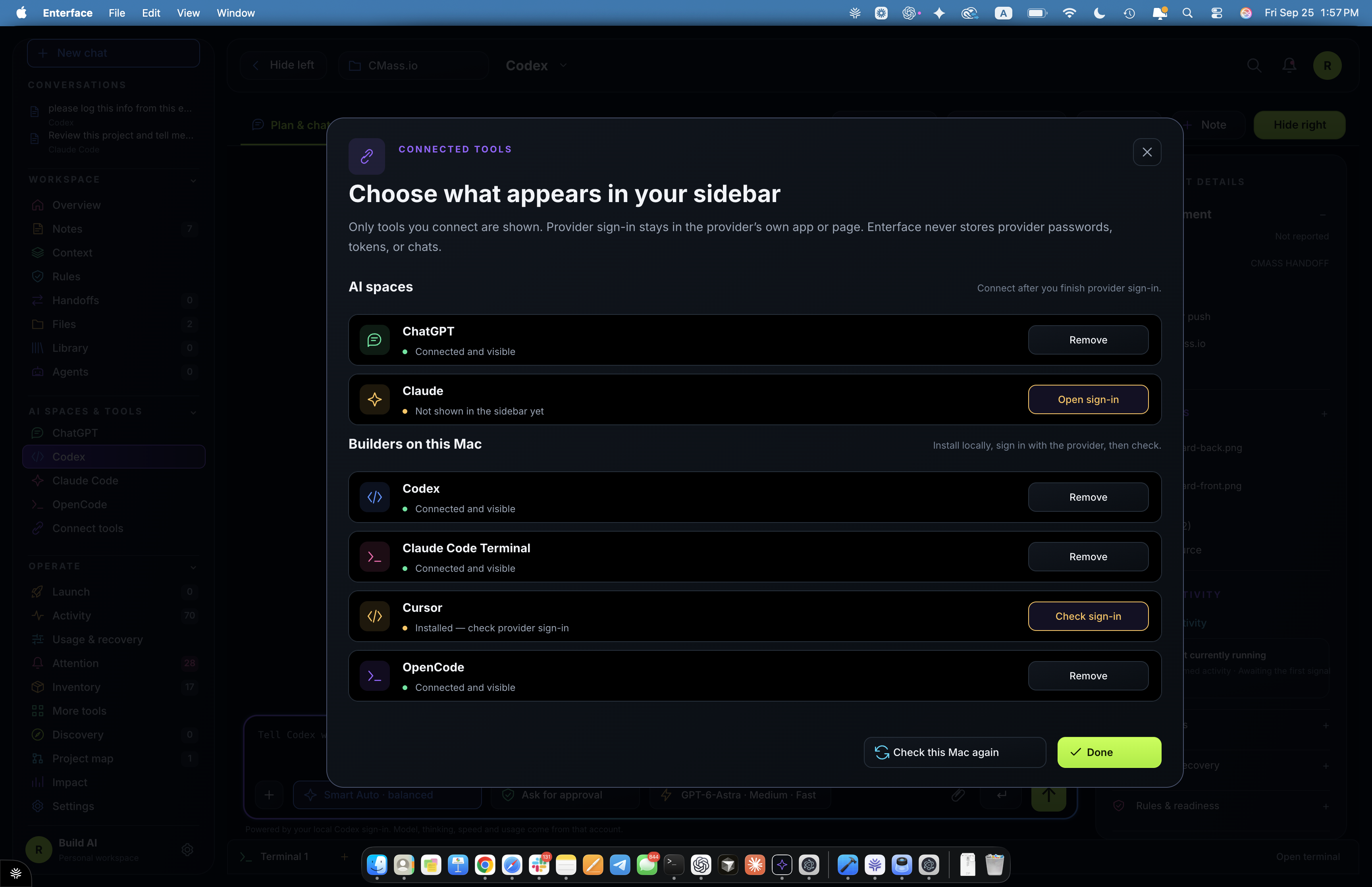 Enterface Connected Tools dialog showing AI spaces and local builders