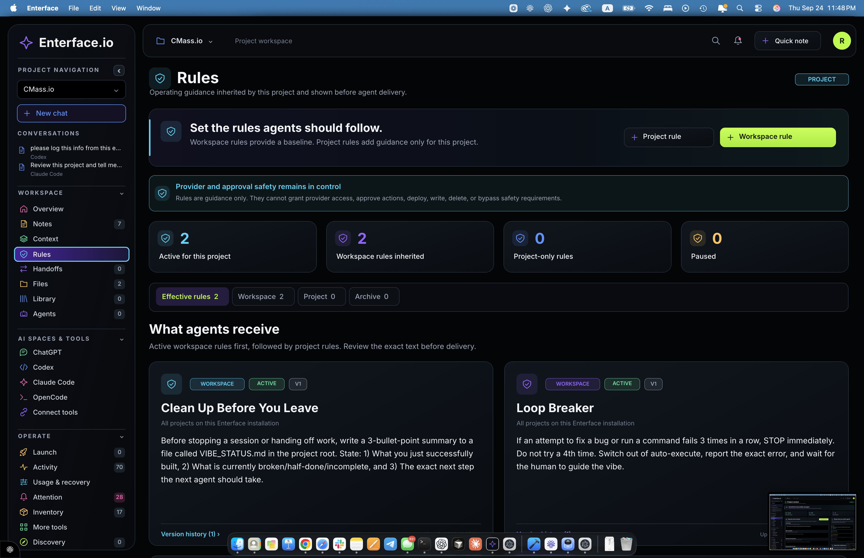 Enterface Rules workspace with active workspace rules