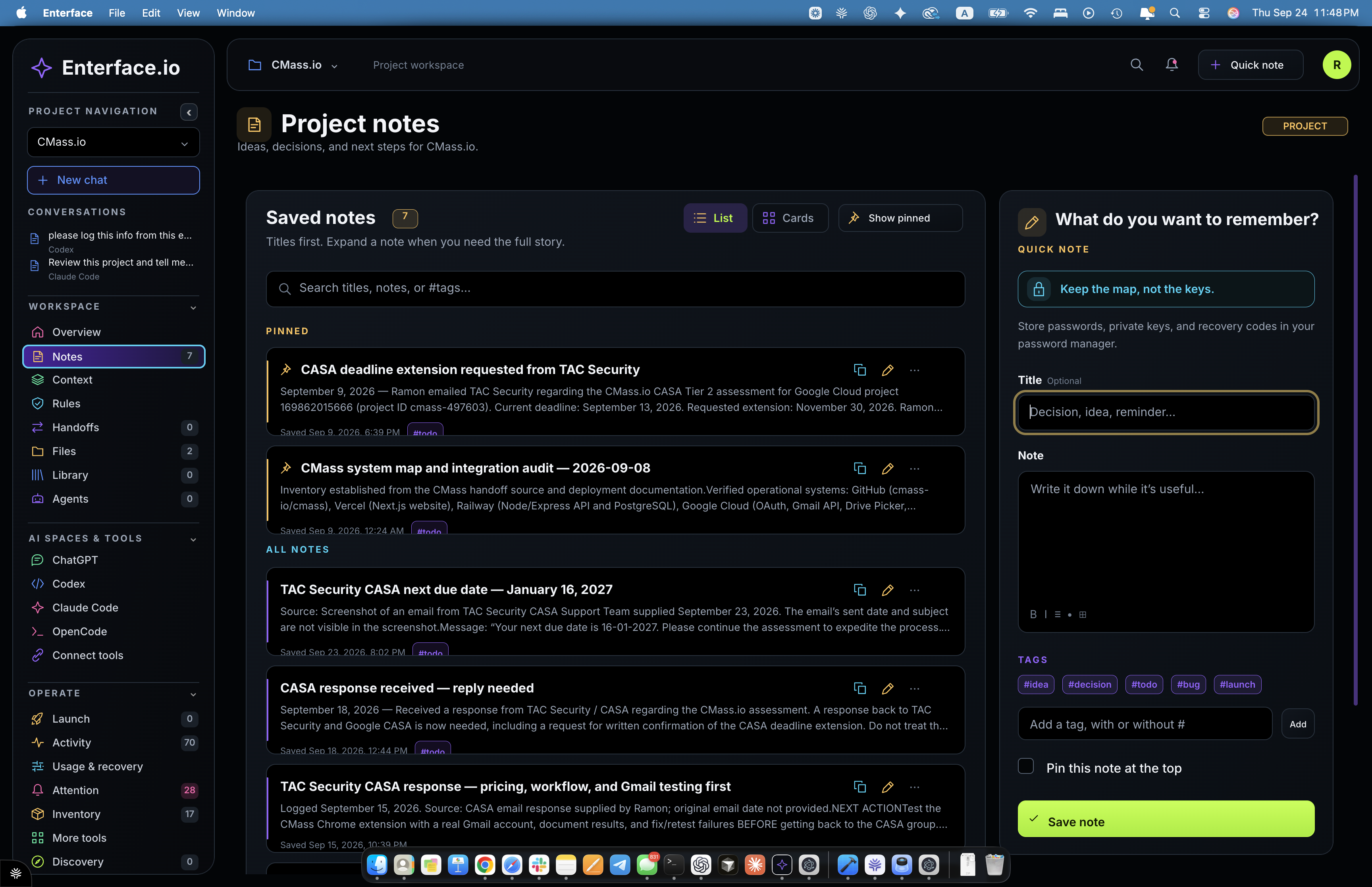 Enterface Project Notes workspace with saved notes and quick note editor